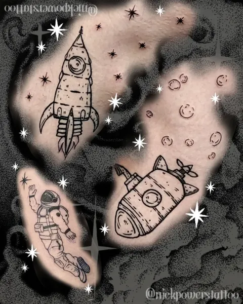 rocket submarine and spaceman couple tattoos